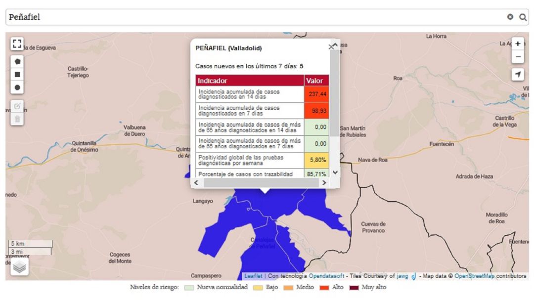 La actualización del mapa que refleja la tasa acumulada de casos diagnosticados por la Covid-19 en los últimos 14 días en Peñafiel.