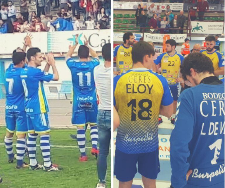 Los blanquiazules celebran la clasificación (i), mientras los amarillos muestran su decepción tras la última derrota.