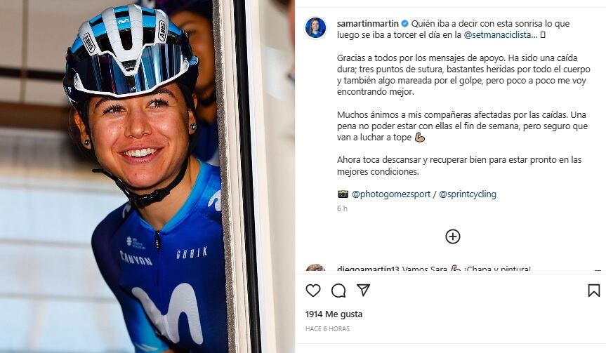 Sara Martín, ironizó con esta sonrisa previa a la caída, dando las gracias por todas la muestras de apoyo al público en general por sus muestras de cariño