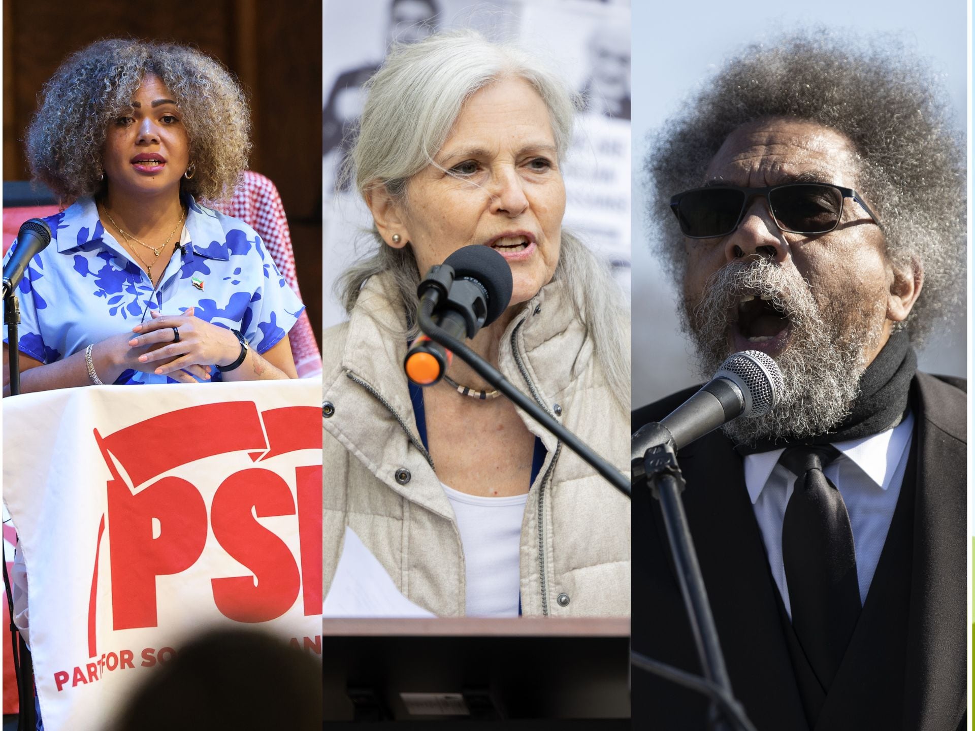 Montaje con los candidatos presidenciales Cornel West, Jill Stein y Claudia De la Cruz. Michael M. Santiago/ Nathan Posner/ Mostafa Bassim