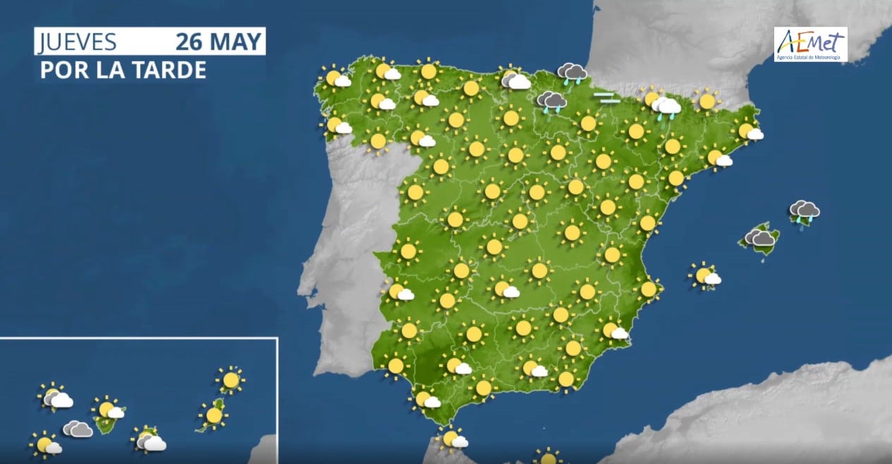 Mapa de previsión del tiempo para el jueves 26 de mayo.