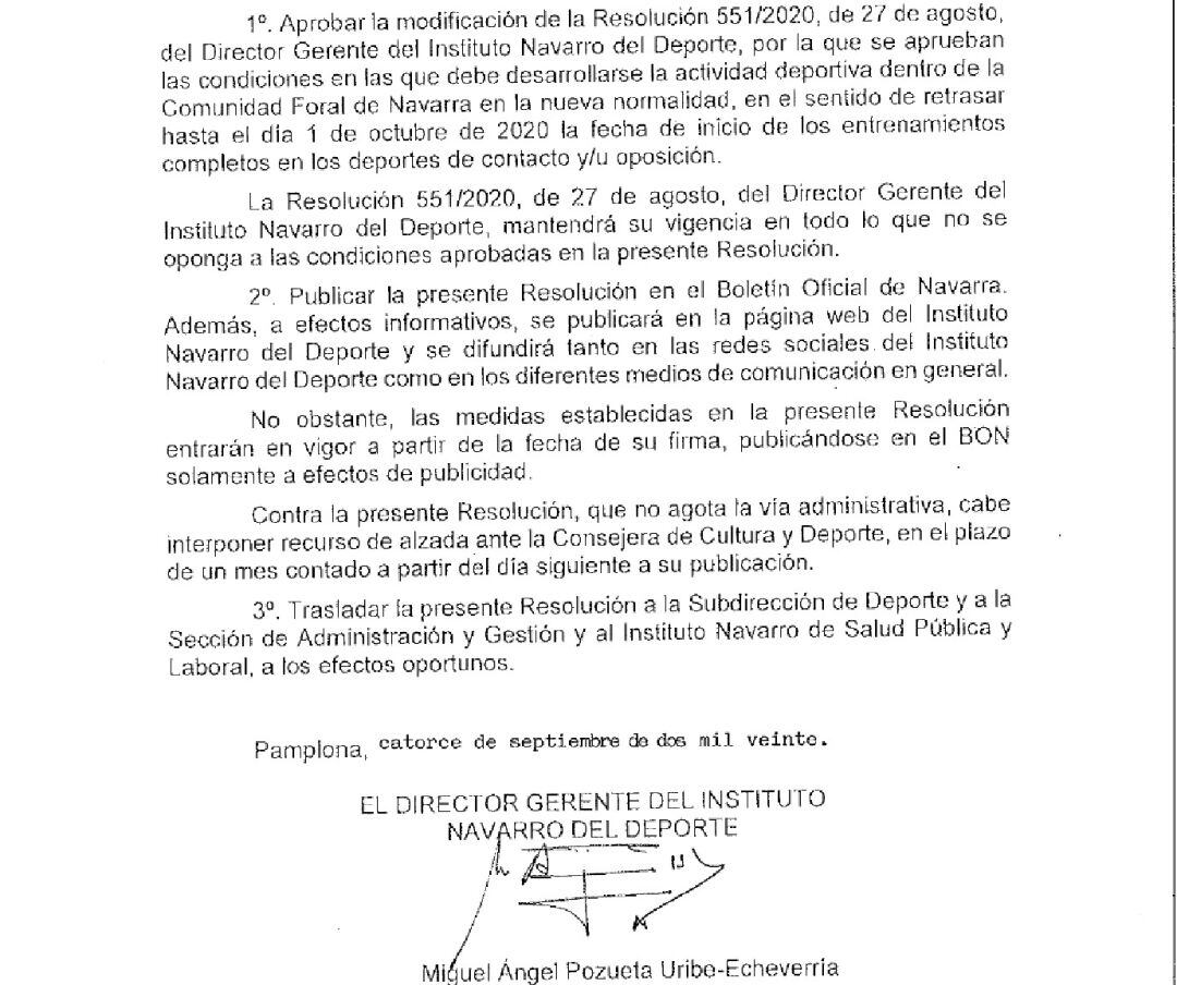 Resolución del Instituto Navarro de Deporte.