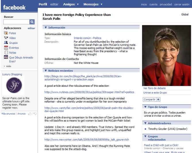 Página de Facebook del grupo &#039;Tengo más experiencia que Palin en política exterior&#039;