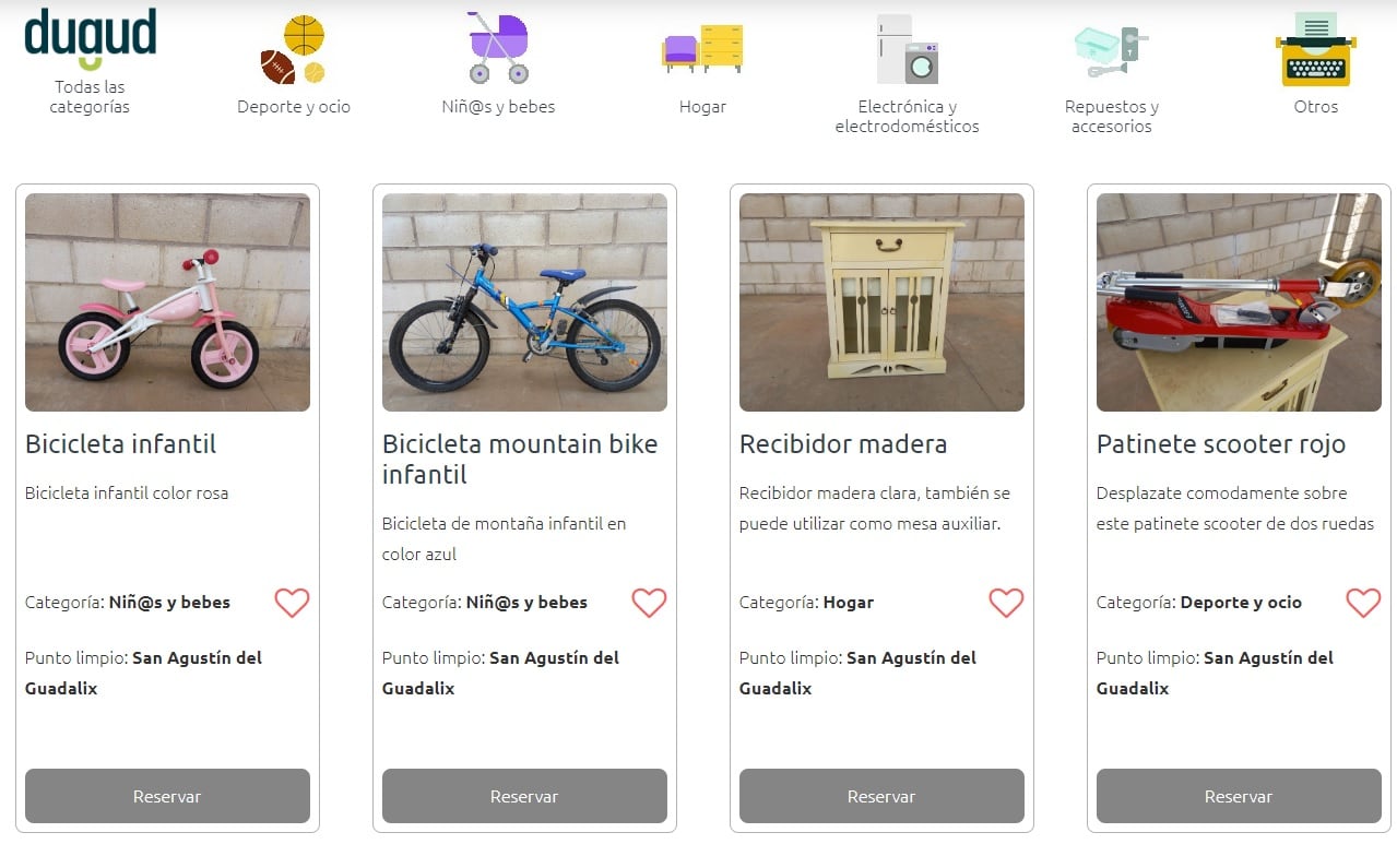 Catálogo de productos de la plataforma Dugud Reutilizado en el Punto Limpio de San Agustín del Guadalix