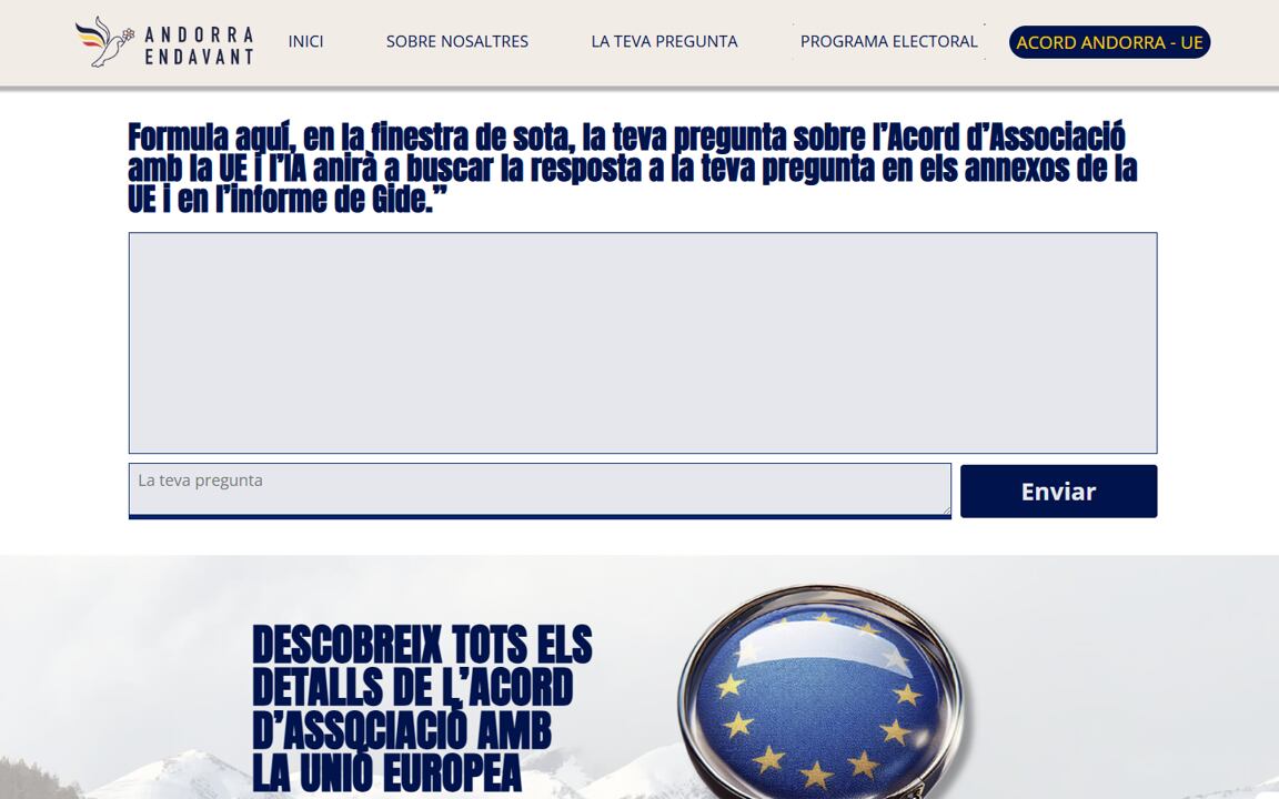 L&#039;eina d&#039;IA d&#039;Andorra Endavant sobre l&#039;acord d&#039;associació. El xatbot ha quedat inutilitzat fins que resolgui el hackeig patit en el dia d&#039;ahir.