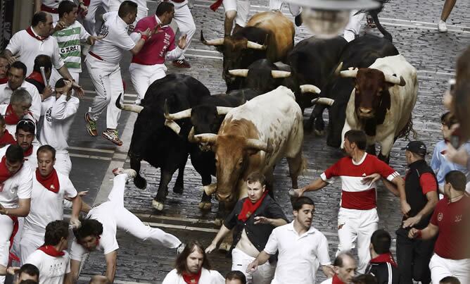 Un momento del cuarto encierro de los sanfermines, con toros de la ganadería salmantina de Garcigrande, que ha resultado rápido pero accidentado