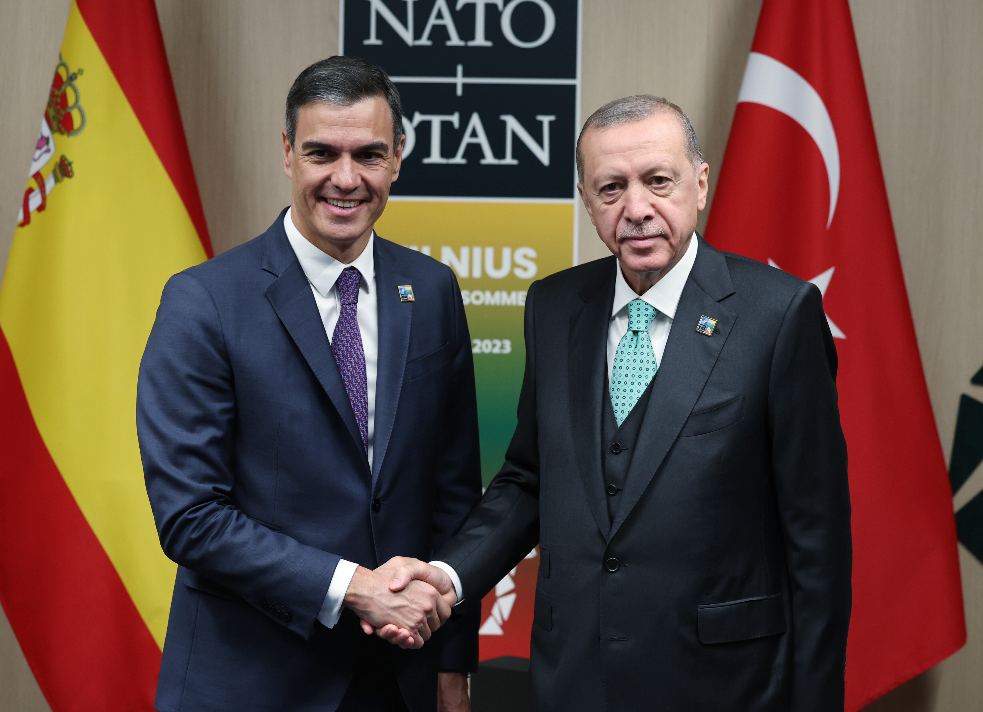 Pedro Sánchez y Recep Tayyip Erdogan después de la reunión que mantuvieron el pasado mes de julio en la cumbre de la OTAN celebrada en Vilna