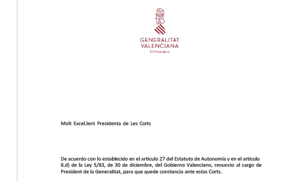 Así es la carta de dimisión que ha presentado Carlos Mazón para formalizar su decisión ante la presidenta de les Corts
