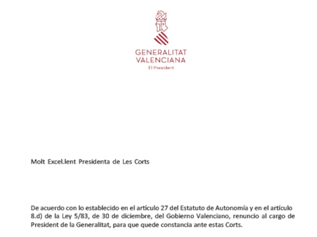 Así es la carta de dimisión que ha presentado Carlos Mazón para formalizar su decisión ante la presidenta de les Corts