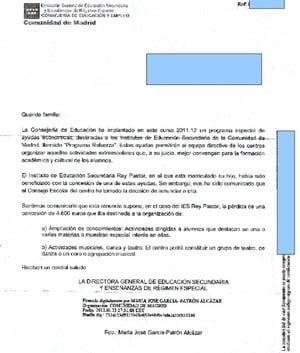 Una de las cartas que ha enviado la Consejería de Educación