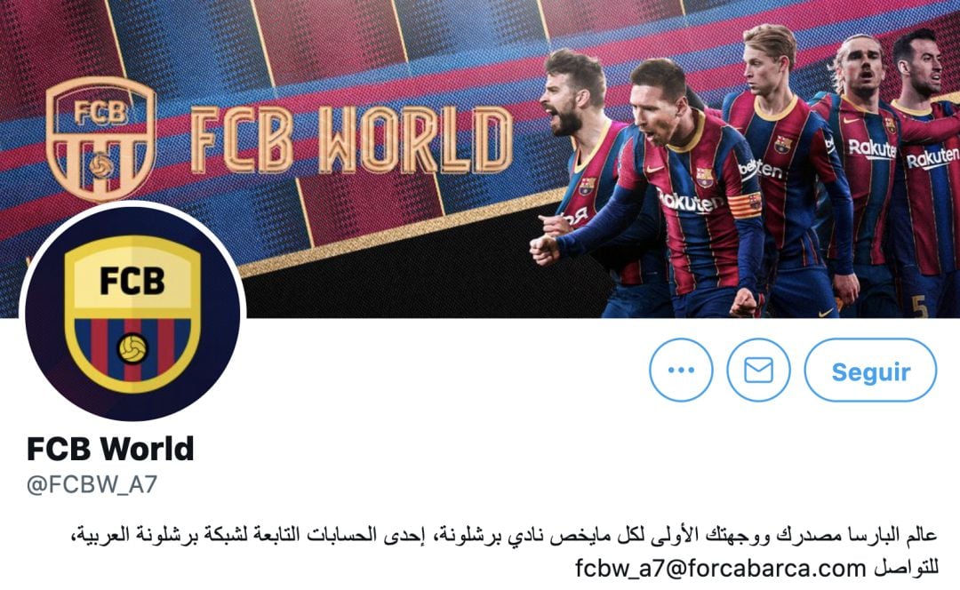 Imatge del perfil de Twitter FCBW_A7 sobre actualitat blaugrana en àrab.