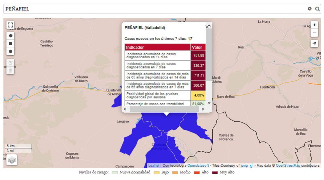 Mapa de la tasa de incidencia acumulada de casos diagnósticados de Covid-19 en Peñafiel en los últimos 14 días.