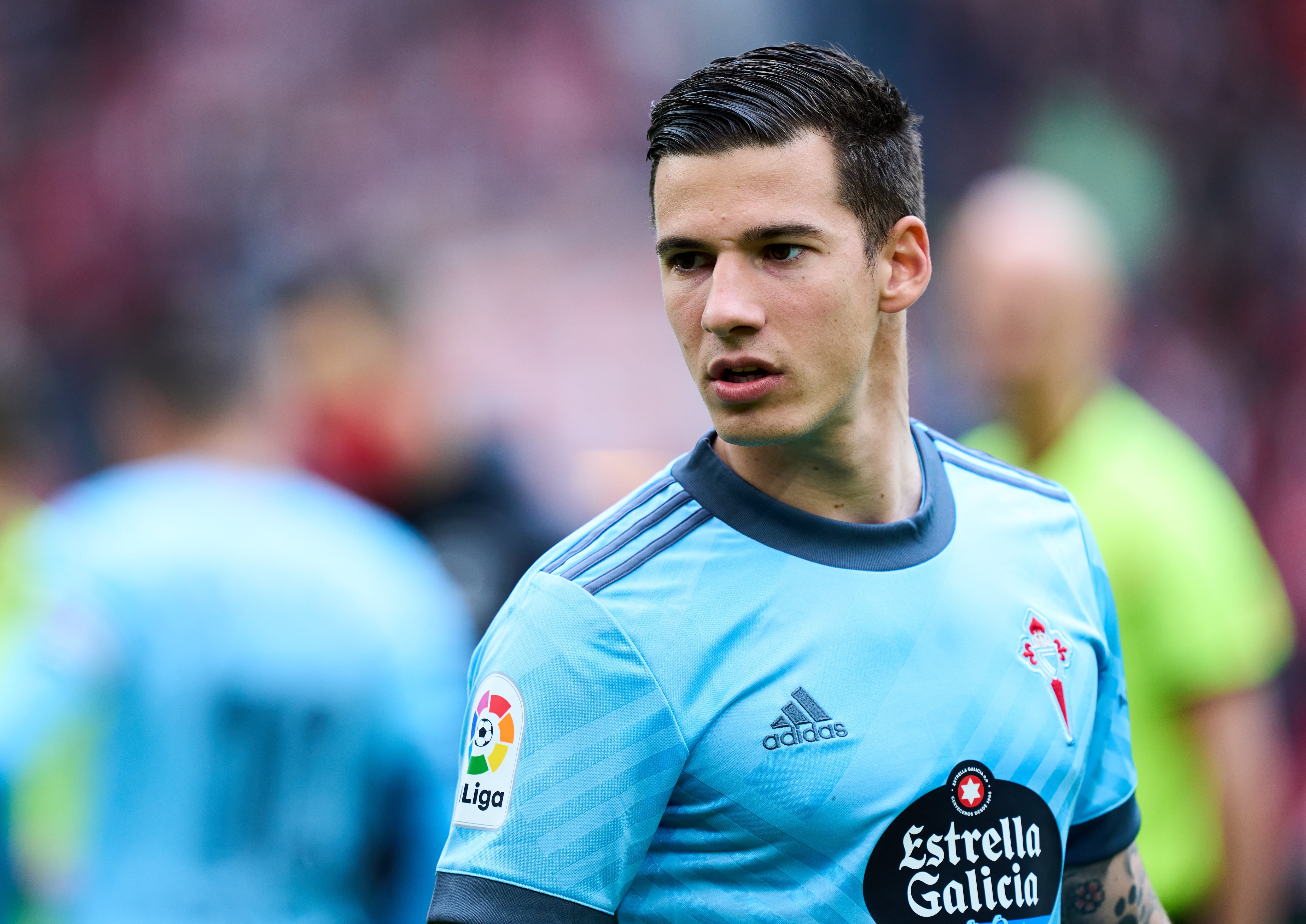 BILBAO, SPAIN - APRIL 17: Santi Mina of Celta de Vigo looks on during the LaLiga Santander match between Athletic Club and RC Celta de Vigo at San Mames Stadium on April 17, 2022 in Bilbao, Spain. (Photo by Juan Manuel Serrano Arce/Getty Images)