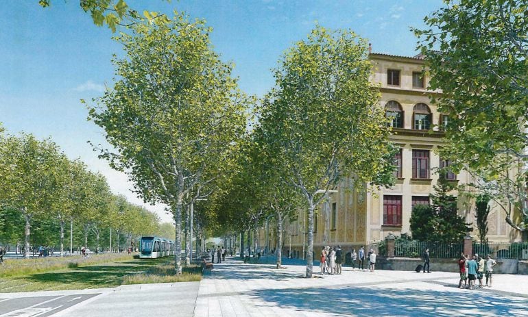 Imatge virtual que mostra com seria la connexió entre el Trambaix i el Trambesòs, entre els carrers Sardenya i Lepant
