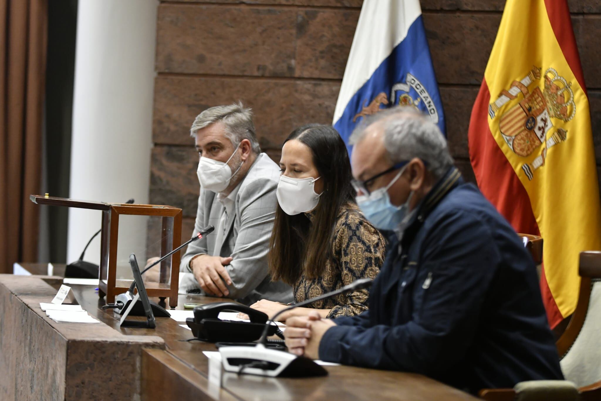 Jorge González (PSOE), Lorena Hernández (PP) y Luis Campos (NC) componen la mesa de la comisión de reconstrucción de La Palma