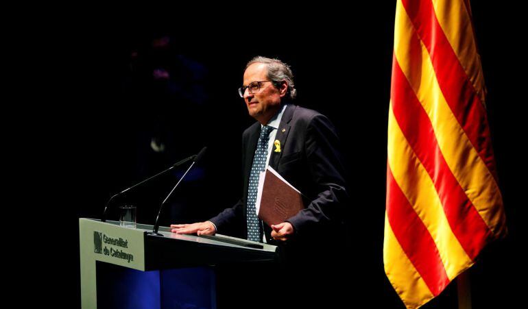 El presidente de la Generalitat, Quim Torra, durante la conferencia que ha pronunciado con el título &quot;Nuestro momento”