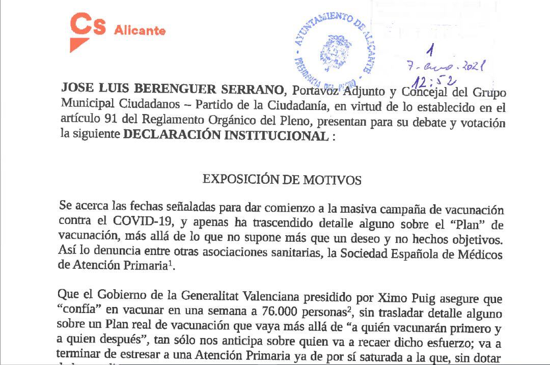 Captura de un fragmento de la exposición de motivos de la DI presentada por el Grupo Municipal Ciudadanos para el pleno ordinario de enero.