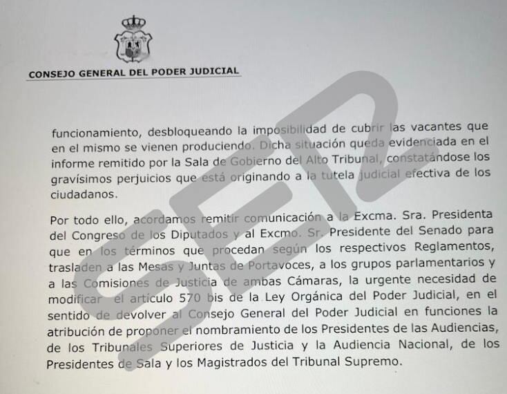 El órgano de gobierno de los jueces envía a las presidencias de Congreso y Senado un acuerdo que califica de &quot;ineficaz&quot; e &quot;incoherente&quot; la reforma de los partidos que sostienen al Gobierno, después de que el Supremo haya lanzado un SOS por la falta de efectivos.