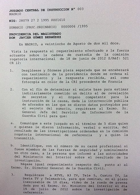 Providencia del juez Bermúdez de la Audiencia Nacional en la que acusa a Interior de vulnerar el secreto del sumario en el caso Publio Cordón