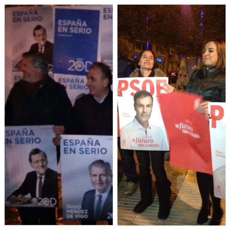 PP y PSOE durante la pegada de carteles