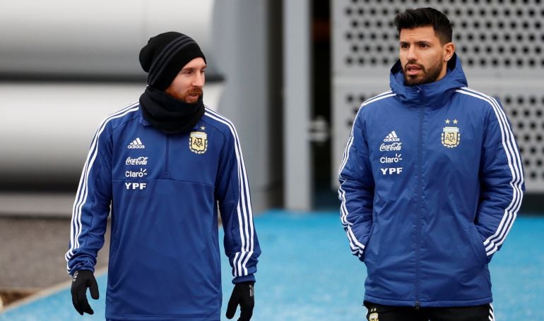 Messi y Agüero, en un entrenamiento con Argentina.