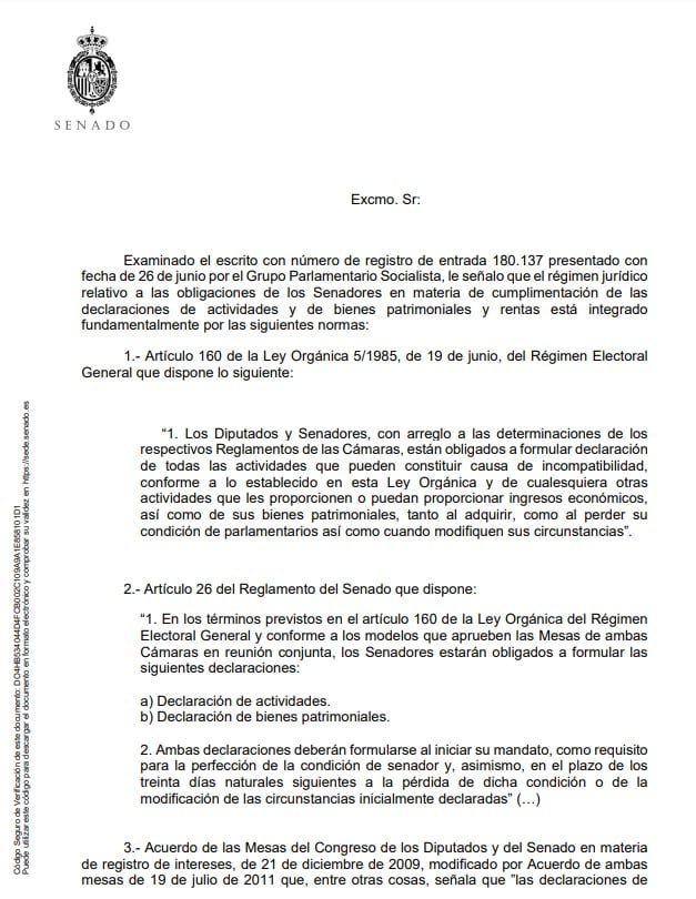 La presidencia del Senado le pide actualizar la declaración sobre sus ingresos en una carta a la que ha tenido acceso la SER