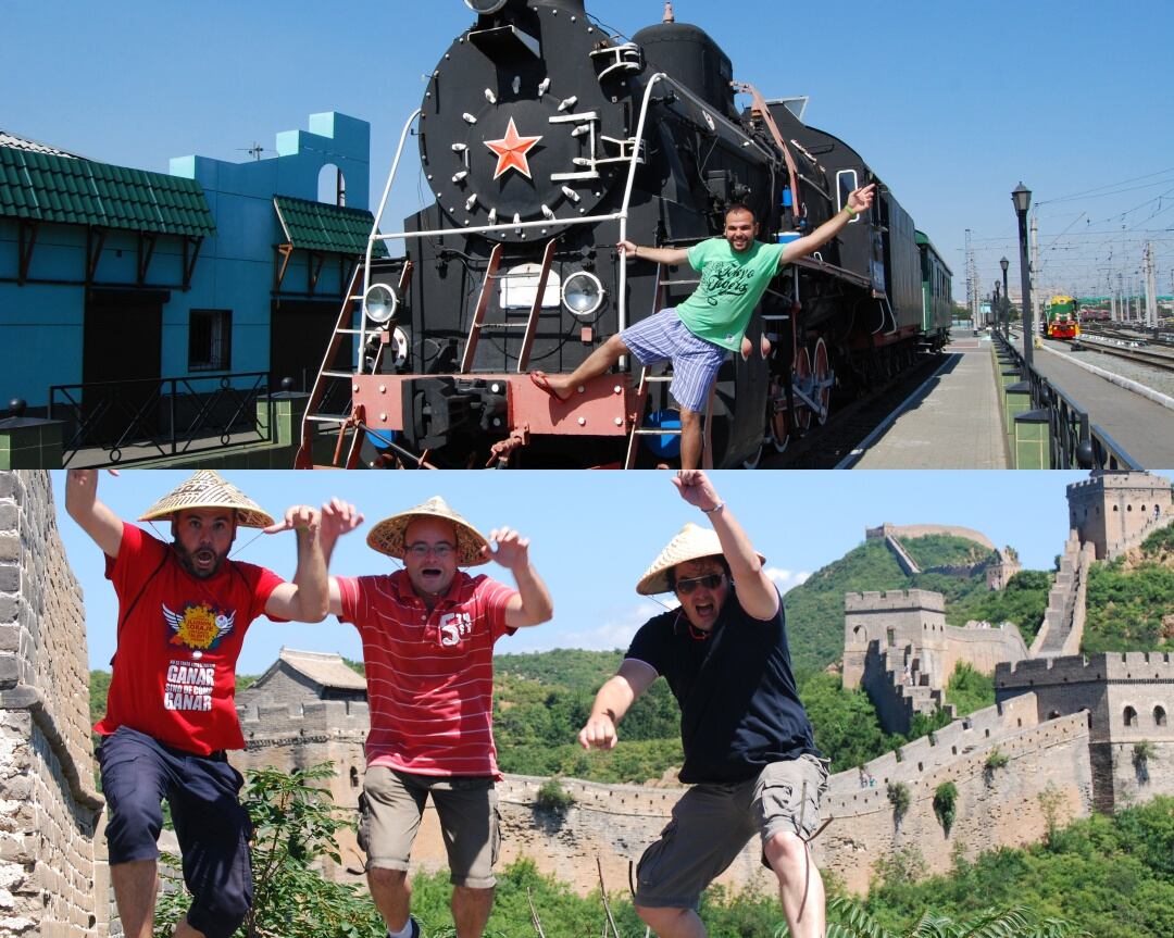 Dos imagenes de viajes de Mario Trotamundos: En el Transiberiano de Rusia a China y en la Gran Muralla China