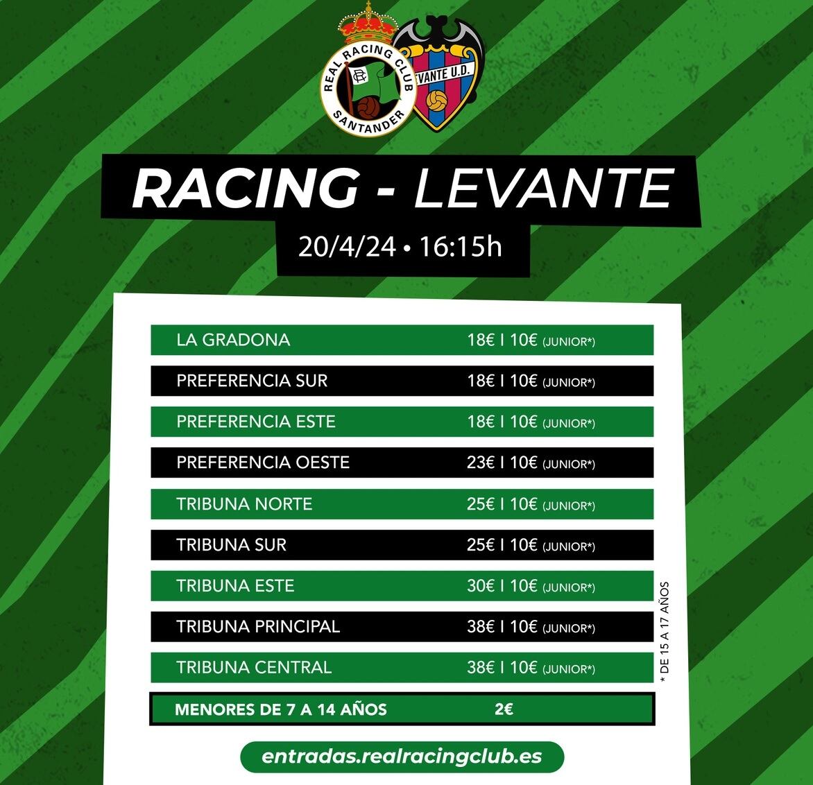 Precios de entradas para el Racing-Levante