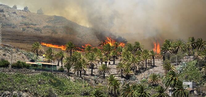 Llamas del incendio declarado en la Gomera, en el caserío de Vegaipala, en San Sebastián de la Gomera