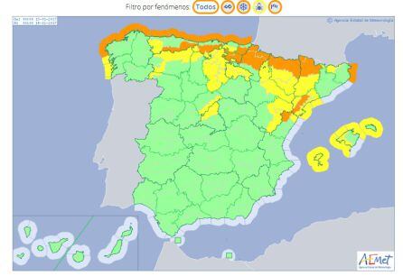 Mapa de avisos de nieve, temperaturas frías, viento y fenómenos marítimos para el viernes 13 de enero.