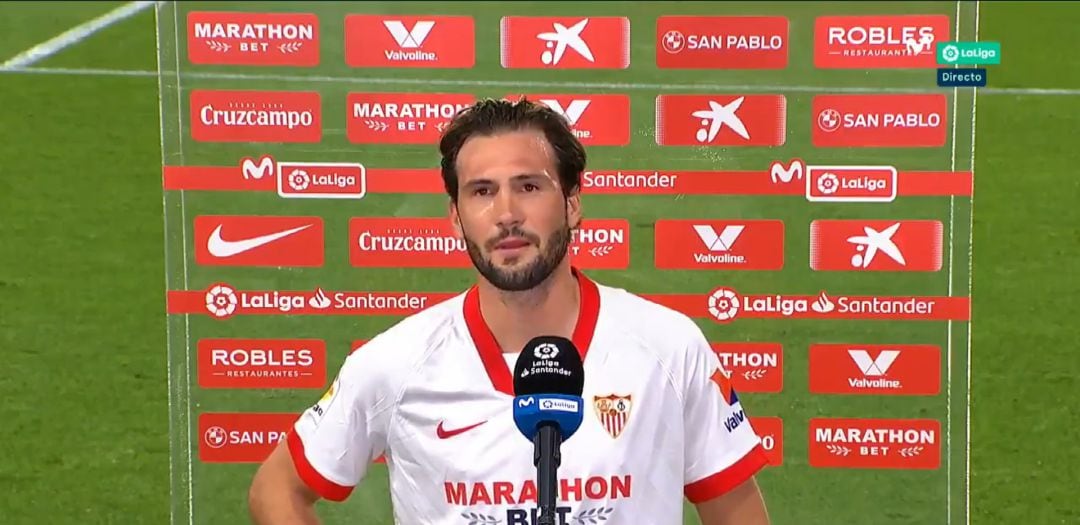 Franco Vázquez, durante la entrevista al térmido del partido entre el Sevilla y el Elche