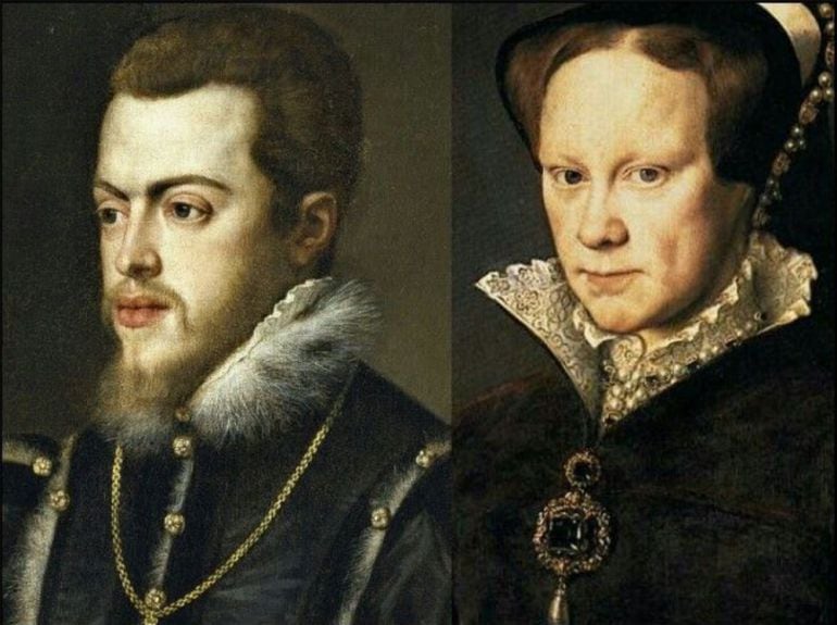 Retratos de Felipe y su tía María. El retrato de ella es de Antonio Moro, pintado en 1554. El de Felipe es del taller de Tiziano, 1551