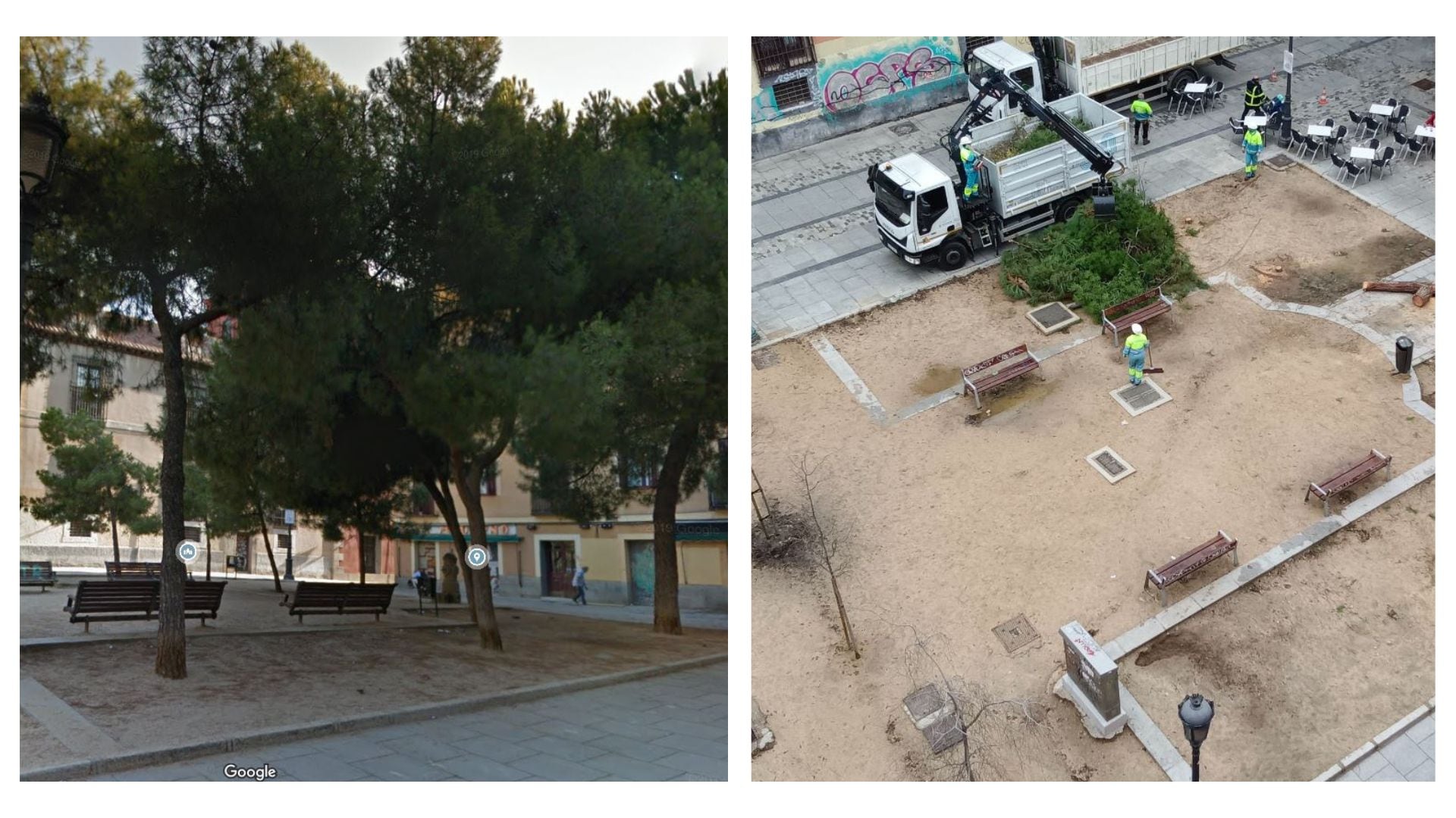 La plaza de las Comendadoras en una imagen de Google Street View en agosto de 2018 (i) y una imagen de la misma plaza este lunes subida por Rita Maestre, de Más Madrid (d).