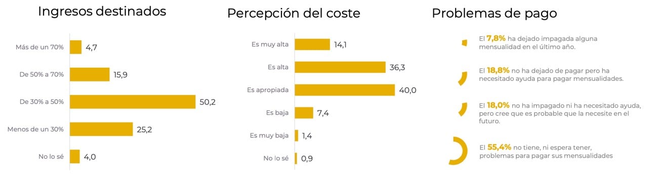 Ingresos destinados, percepción del coste y problemas de pago