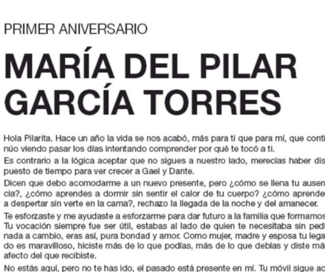 Esquela dedicada a María del Pilar García Torres.