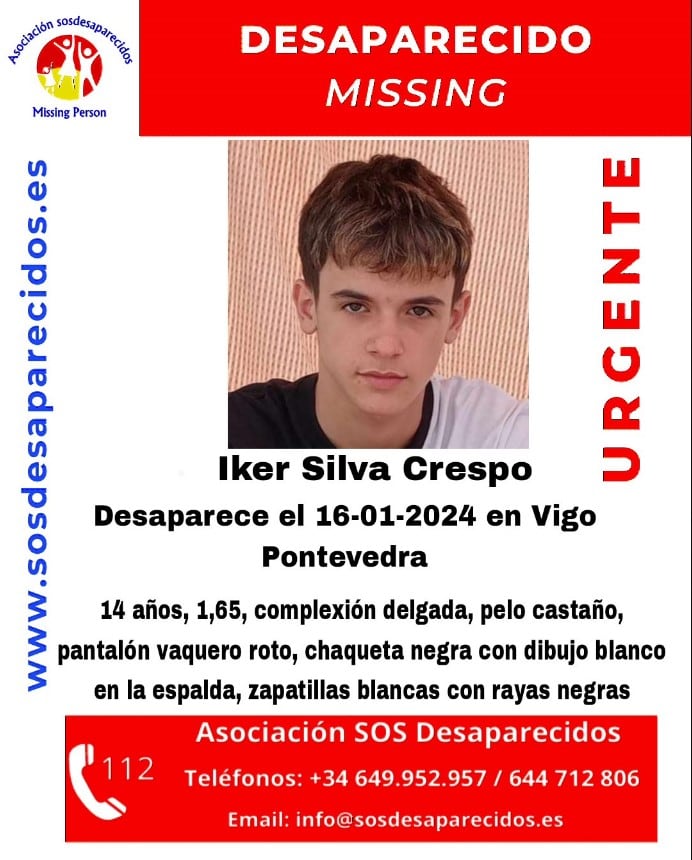 Cartel de búsqueda de Iker Silva Crespo, menor desaparecido.