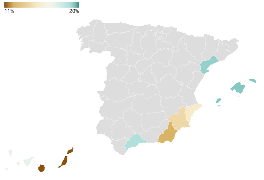 Las zonas de España que cumplen con la &#039;regla 20-20&#039;.