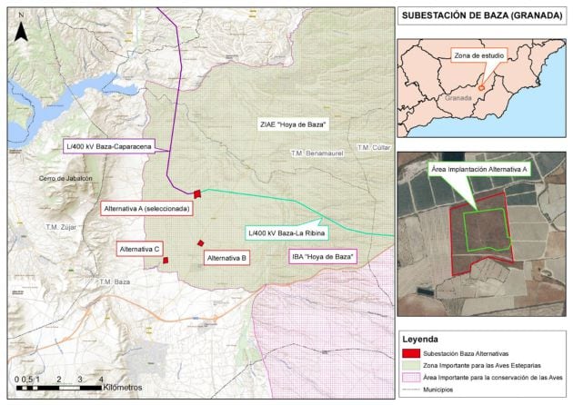 Plano de la ubicación de la subestación eléctrica de la línea 400 en Baza