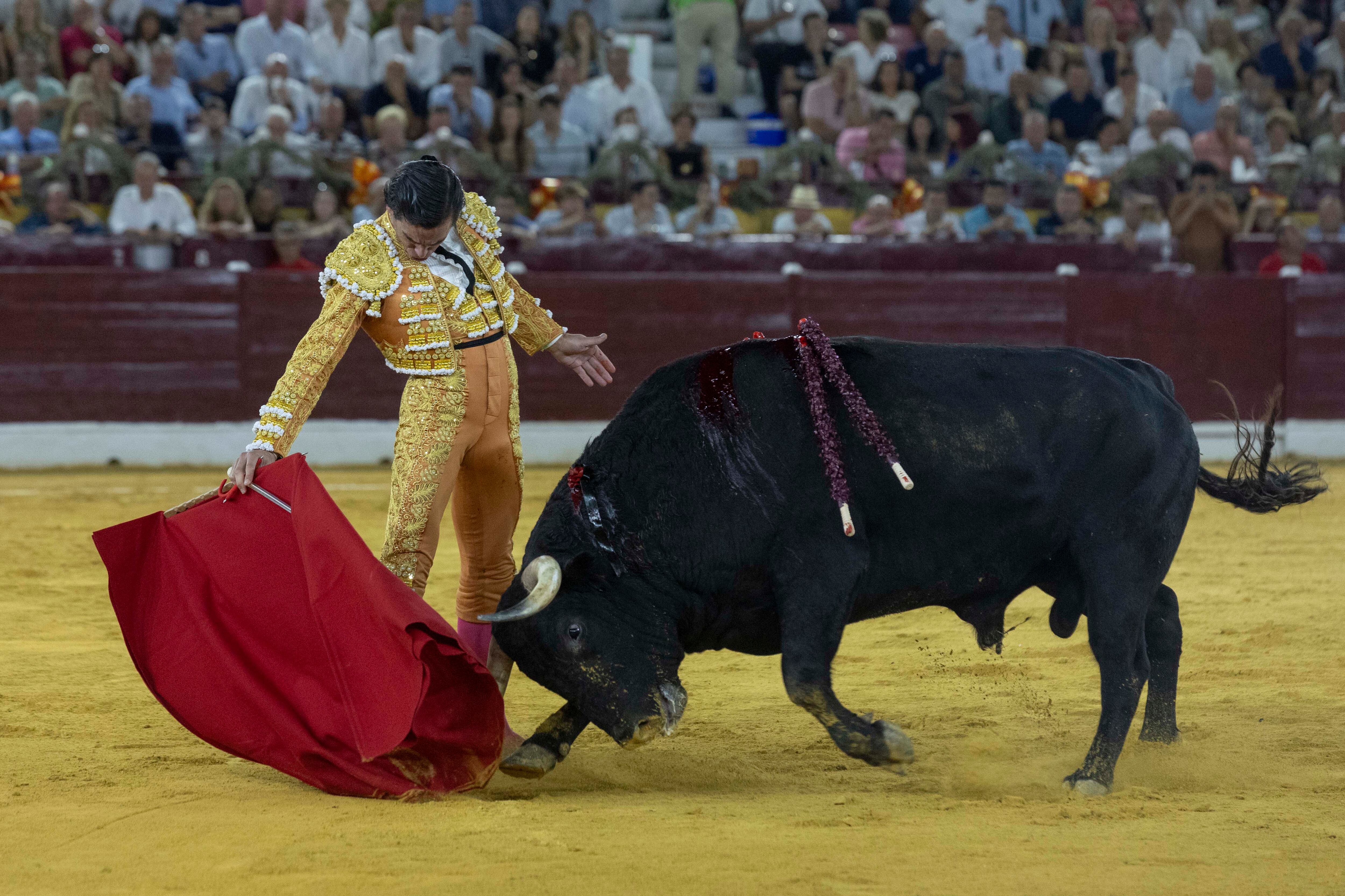 MURCIA, 15/09/2025.- El torero sevillano Juan Ortega durante la lidia de su segundo astado, de la ganadería de Daniel Ruiz, en el segundo festejo de la Feria Taurina de Murcia, este lunes en la plaza de toros de La Condomina. EFE/Marcial Guillén
