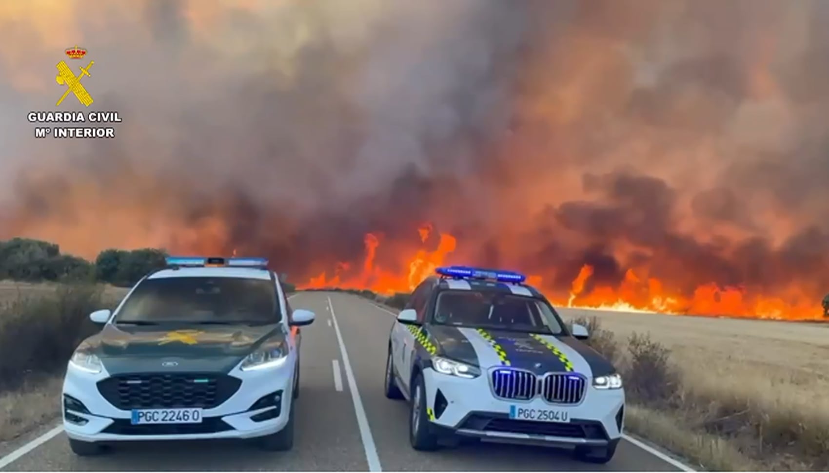 Captura de vídeo que muestra cortes de carretera por un incendio en las proximidades de Cubo de Benavente (Zamora).