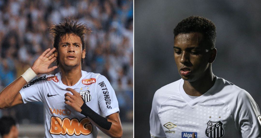 A la izquierda, Neymar durante su etapa en el Santos, a la derecha, Rodrygo Goes con la camiseta del club brasileño