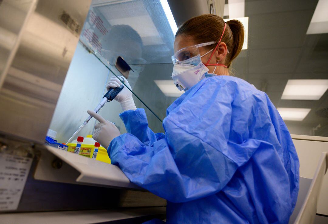 Personal sanitario con muestras de PCR en un laboratorio.