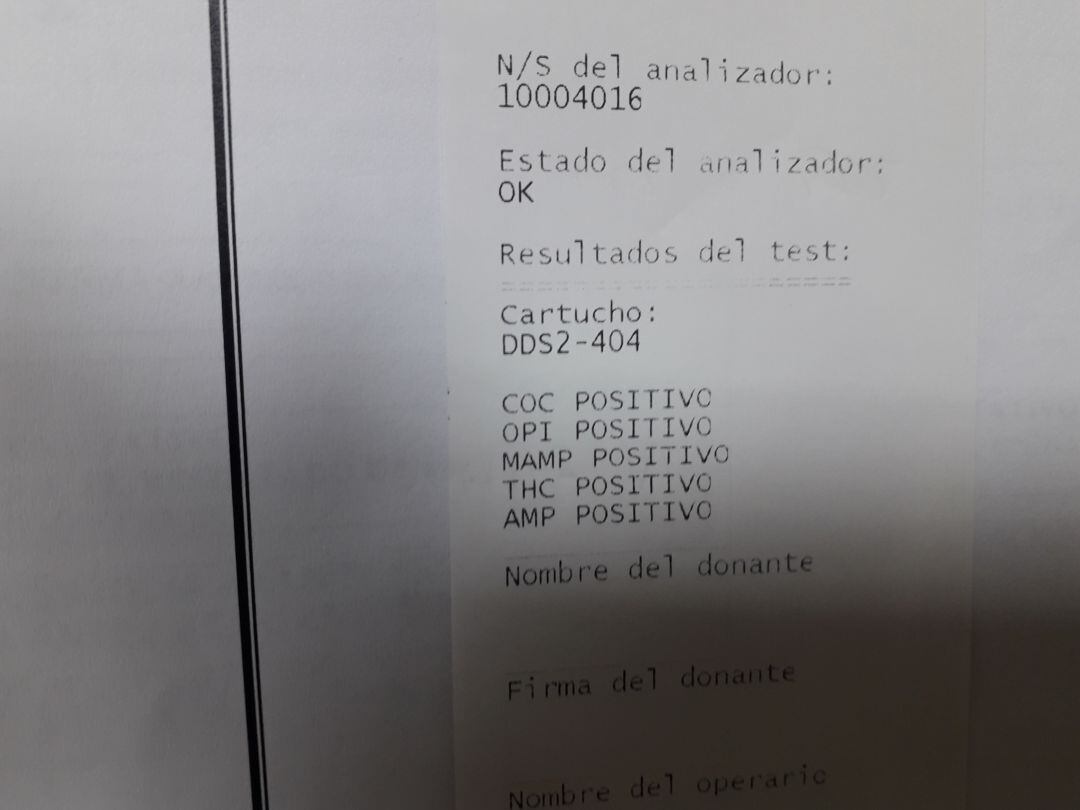 Imagen del drogotest realizado al conductor que dio positivo en todas las sustancias