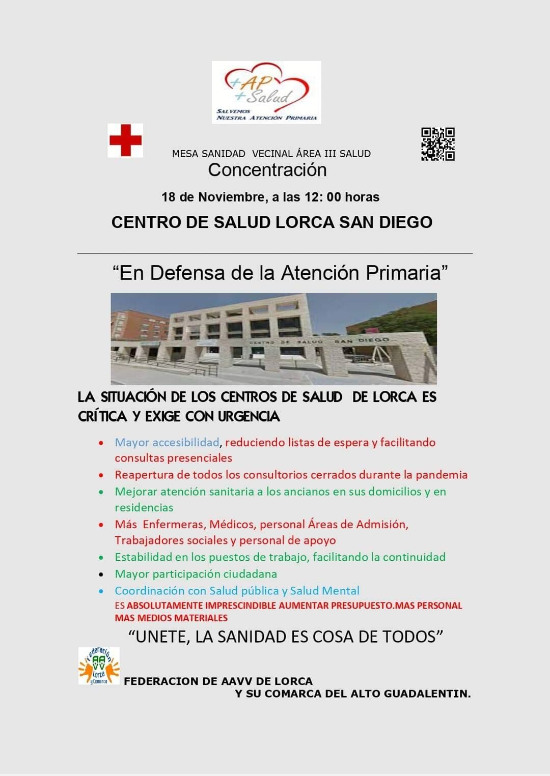 Concentración este jueves en defensa de la atención primaria en el área III de Lorca