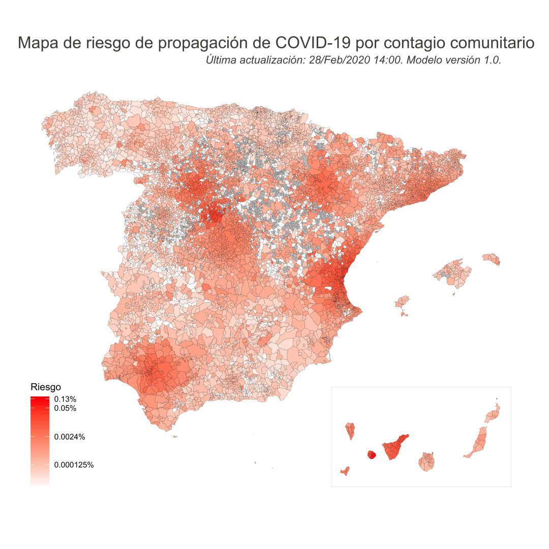 Mapa de riesgo de propagación de coronavirus a las 14.00