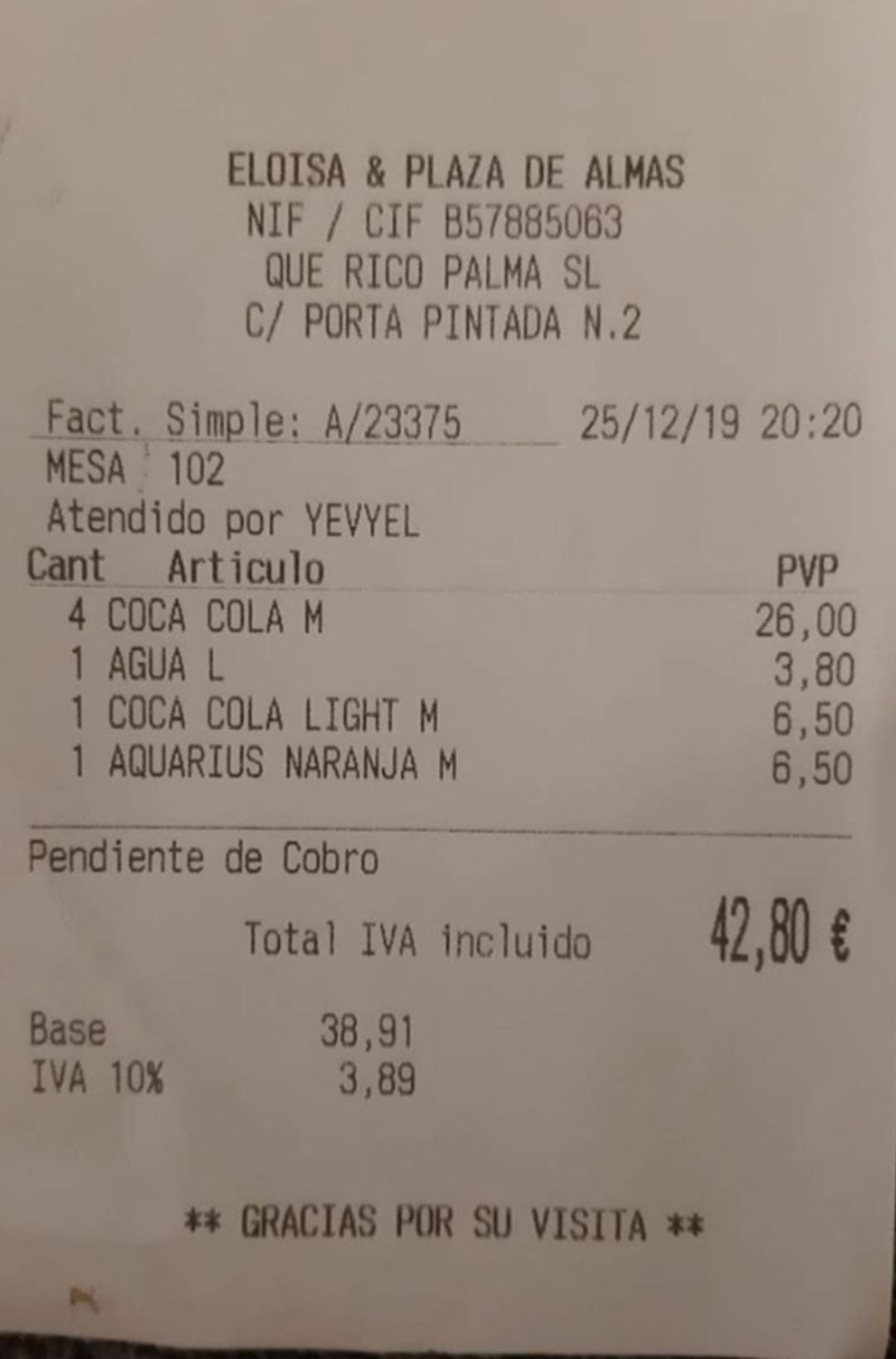 Cuenta expedida por un bar de Palma de Mallorca.