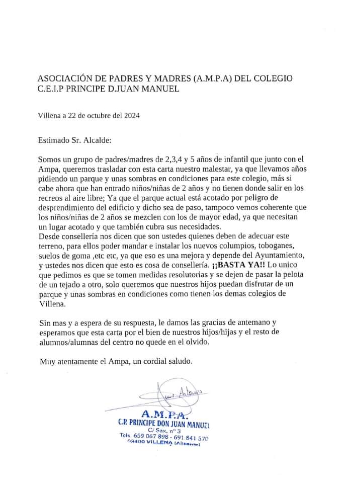 Carta dirigida al alcalde de la Ciudad