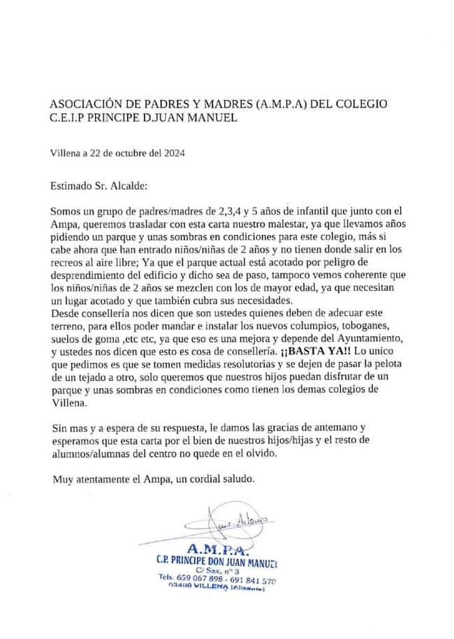 Carta dirigida al alcalde de la Ciudad