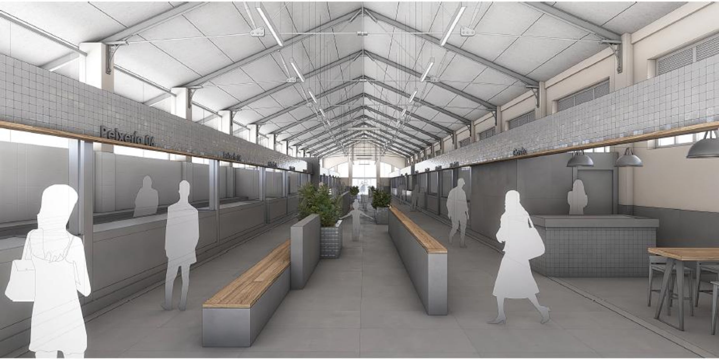 Recreación del futuro gastromercado en la nave de la Pescadería de Rodolfo Ucha Piñeiro, en el mercado de A Magdalena, facilitada por el Concello de Ferrol