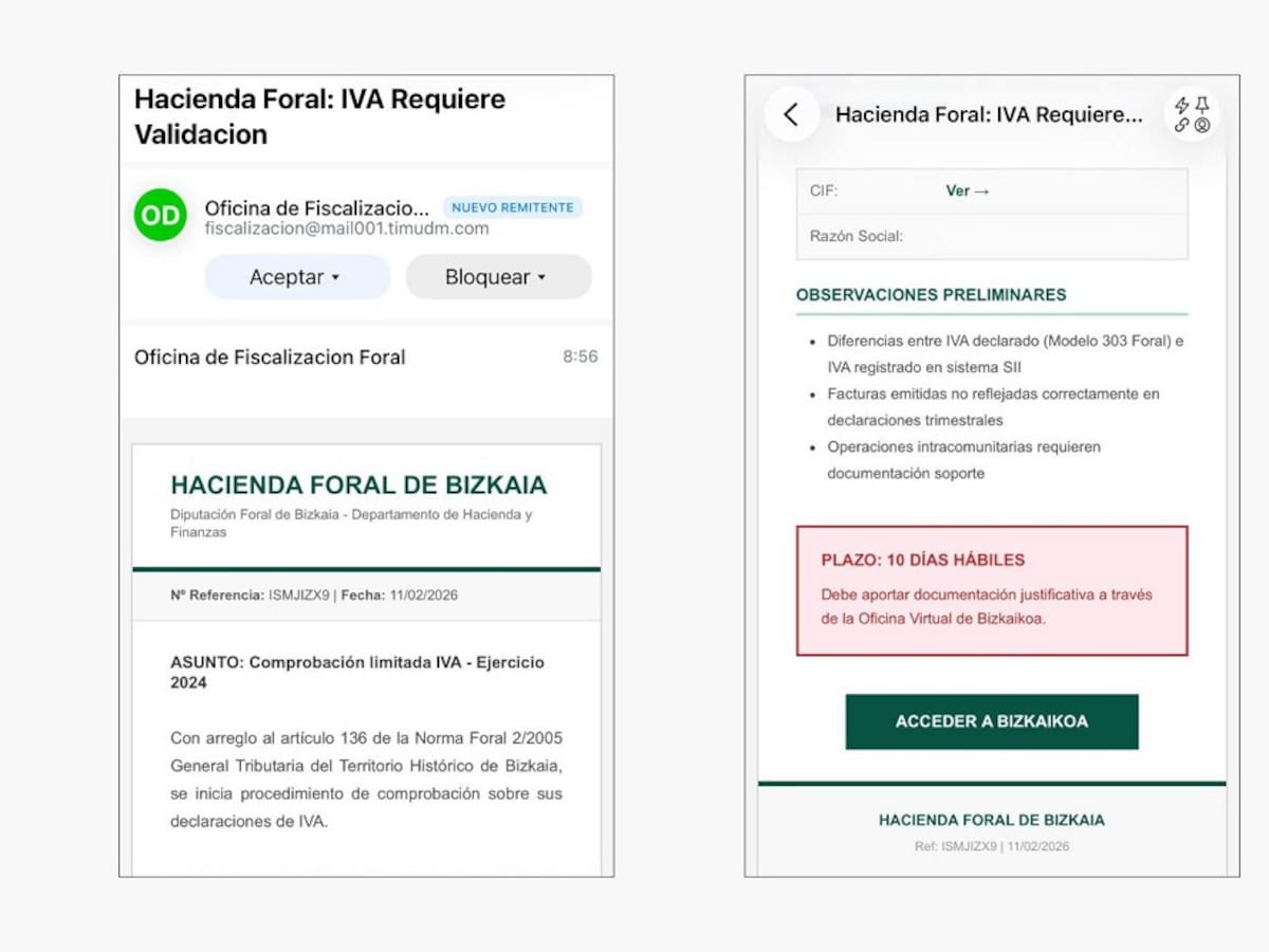 Alerta en Bizkaia por un correo que suplanta a Hacienda y da solo 10 días para “regularizar” el IVA